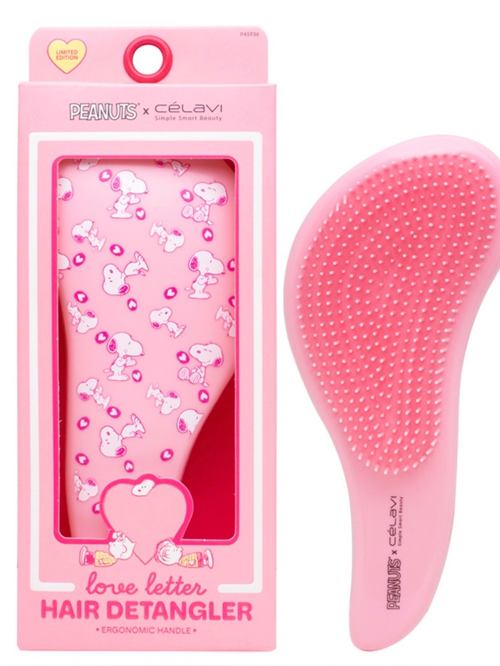 Peanuts Celavi Pink Heart Hair Detangler Brush